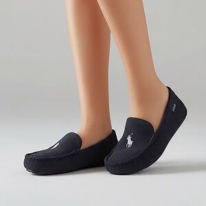 Polo Ralph Lauren Navy Moccasin Slippers Plaid Lined Pony Logo Women’s 10